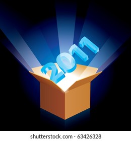 Open cardboard box with the new year emerging