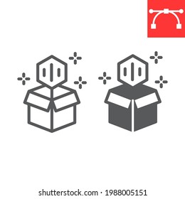 Open cardboard box with NFT line and glyph icon, unique token and blockchain, non fungible token vector icon, vector graphics, editable stroke outline sign, eps 10