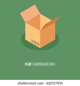 Open cardboard box on green background in isometric. Flat 3d vector illustration