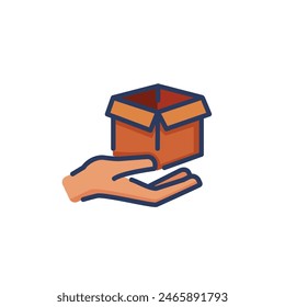 Open cardboard box on palm line icon. Hand, parcel, insurance isolated outline sign. Delivery and shipping service concept. Vector illustration, symbol element for web design and apps