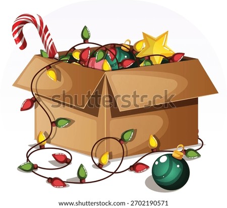 Open Cardboard Box Overflowing with Holiday Decorations and Colorful String Lights. Graphic Design Element For Festive Projects Isolated
