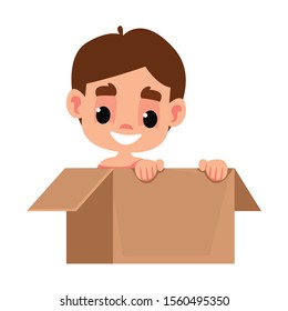 Open cardboard box package with a cute little newborn baby boy inside. Vector illustration in cartoon flat style.