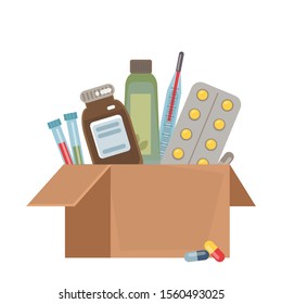 Open cardboard box package with a set of drugs inside. Vector illustration in cartoon flat style.