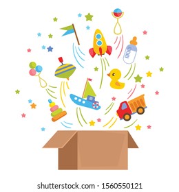 Open cardboard box package with a set of children's toys inside. Transport maninka, boat, rocket, inflatable duck and rattles fly out of the box. Vector illustration in cartoon flat style.