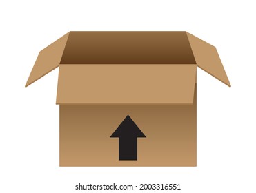 Open cardboard box for packaging with black arrow up and on white background. Cardboard recycling