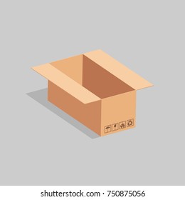 Open cardboard box with packing stickers. Vector illustration.