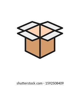 Open cardboard box, paper garbage flat color line icon.