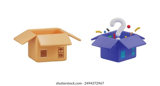 open cardboard box with question mark icon on mystery box icon 3d render concept of unknown gift gaming icon vector illustration