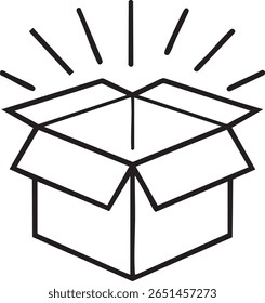 Open cardboard box with radiating lines symbolizing surprise or discovery isolated on transparent background
