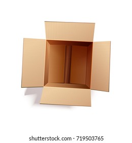 Open cardboard box realistic vector illustration isolated on white background. Carton container with shadow, empty delivery case made of paper
