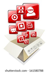 open cardboard box with red application icons. vector