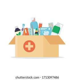 Open cardboard box with a set of drugs, pills and bottles inside. Home delivery pharmacy service. Illustration in flat style n white background