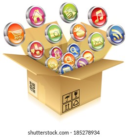 Open Cardboard Box with a set of icons, vector isolated on white background