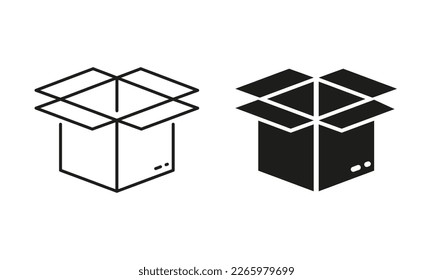 Open Cardboard Box for Shipping Silhouette and Line Icon Set. Opened Carton Package Storage Pack Pictogram. Delivery Parcel Box Black Sign. Editable Stroke. Isolated Vector Illustration.