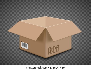 Open cardboard box template. Isolated on a transparent background. Vector illustration.