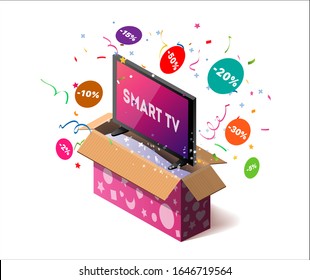 Open cardboard box with tv and confetti explosion inside and on white background. Promotional banner. Illustration for advertising decoration of online stores and for raffle prizes. IPTV. Smart TV.