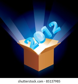 Open cardboard box twenty twelve with the new year emerging