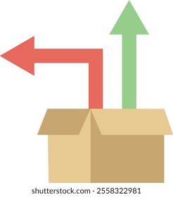 Open cardboard box with two arrows emerging from it, one red pointing to the left and the other green pointing upward, symbolizing thinking outside the box and representing different directions 