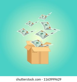 Open cardboard box. Vector illustration. Flying money out of box.