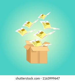 Open cardboard box. Vector illustration. Flying money out of box.