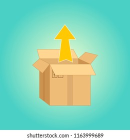 Open cardboard box. Vector illustration. What is inside. Surprise