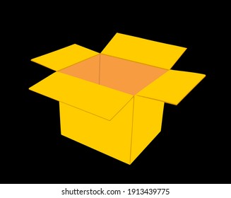 Open cardboard box vector illustration isolated on black background. Move transport concept. Shipping goods transportation. Open holiday gift surprise.