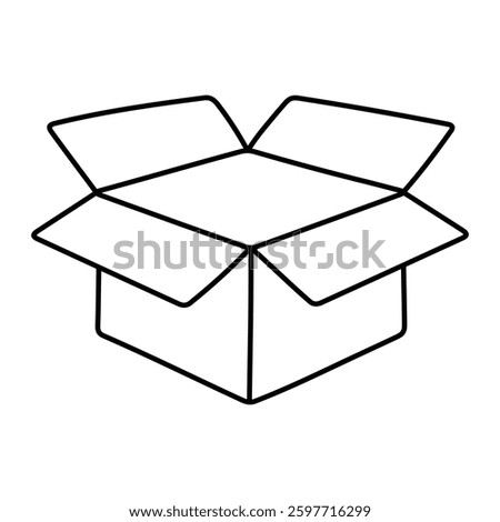 Open cardboard box vector illustration. Empty packaging or delivery box icon in doodle style. Black line art isolated on white background.