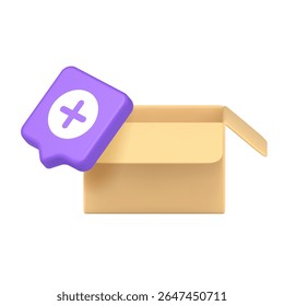 Open cardboard box and vibrant add button representing logistics, delivery, and inventory management. Suitable for branding, stickers, and apps. 3d icon realistic vector illustration