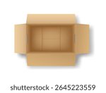 Open cardboard box viewed from above. The box is empty and has side flaps open, revealing its interior. It has two handles on a plain white background.
