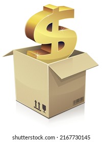 Open cardboard box from which the gold 3D symbol of the American currency dollar comes out on a white background