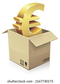 Open cardboard box from which the golden 3D symbol of the European currency Euro comes out on a white background