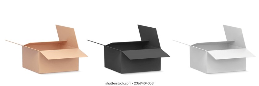 Open cardboard boxes for delivering parcels by mail. Realistic vector illustration set of carton empty brown, black and gray packages. Cargo and shipping packs mockup for send post or moving service.