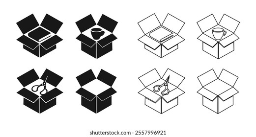 Open Cardboard Boxes with Different Contents, Vector Illustration