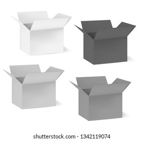Open cardboard boxes isolated on white background, vector template. Blank paper packaging container, mockup set.
