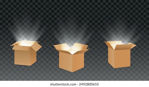 Open cardboard boxes with rays. Luminous carton cases with light bursting out isolated on transparent background vector illustration