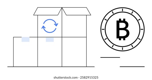 Open cardboard boxes with a refresh symbol beside a Bitcoin icon. Ideal for blockchain, cryptocurrency, e-commerce, shipping, fintech, online trading, digital payments. Line metaphor