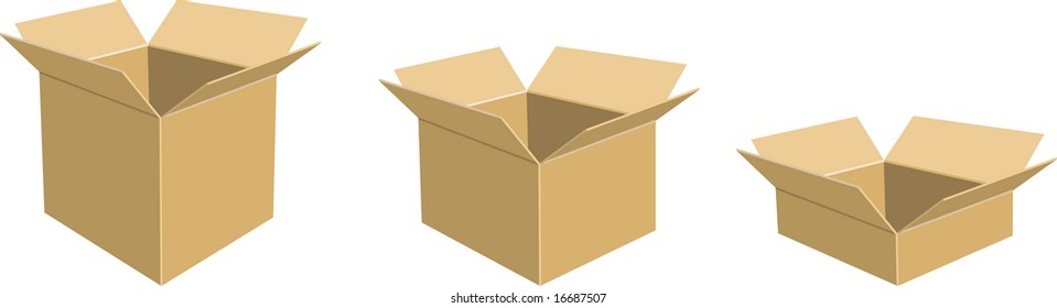 Open cardboard boxes in three sizes