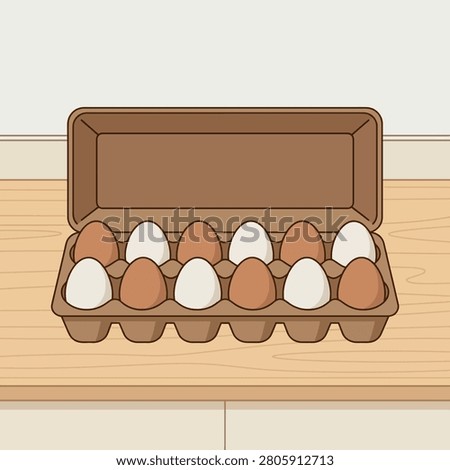 An open cardboard egg carton containing a dozen brown and white chicken eggs on a wooden table.