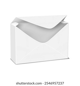 Open cardboard envelope shaped box. 3d mockup. Blank empty white folding rectangle paper ajar lid container. Realistic vector mock-up. Gift carton packaging. Template for design