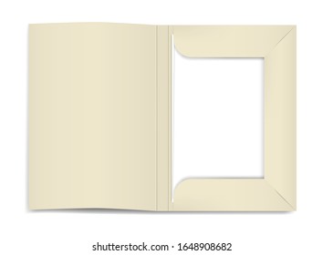 Open Cardboard File Folder With White Blank Paper Sheets Inside, Realistic Vector Mockup.