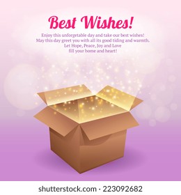 Open cardboard gift box best wishes postcard vector illustration