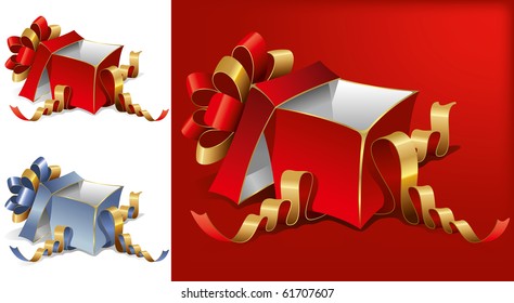 caja de regalo de cartón abierto con arco y cintas, ilustración vectorial