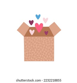 Open cardboard gift box with flying out colored hearts. Valentine’s day concept illustration. Vector clipart for greeting cards, wedding invitations, party, birthday cards.