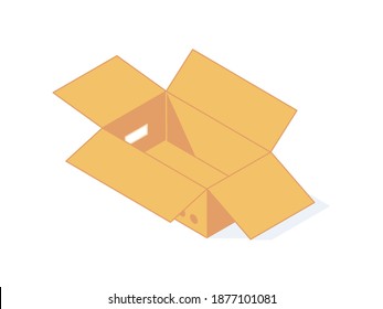 Open cardboard isometric box for warehouse and delivery concept. Empty brown cardboard post and storage package in isolated vector illustration. Craft paper or carton box.
