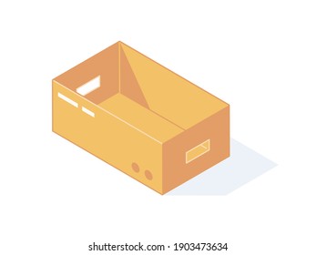 Open Cardboard Isometric Box For Warehouse And Delivery Concept. Empty Brown Cardboard Post And Storage Package In Isolated Vector Illustration. Craft Paper Or Carton Box.