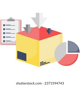 open cardboard and pie chart view. incoming goods records. shipping box. item has been received	