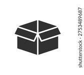 Open cardboard shipping box icon. Packaging container and delivery parcel. Monochrome symbol