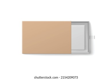 Open cardboard slide box with ribbon, realistic 3d vector illustration isolated on white background. Gift box container mockup. Blank package design.