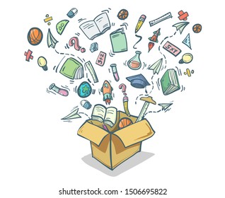Open carton. Back to school ink splash background with hand drawn doodles.