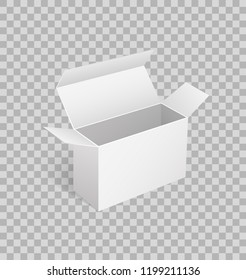 Open carton box of square shape in 3D isometric on transparent. Package icon for parcels transportation, pack for delivering goods, vector mockup